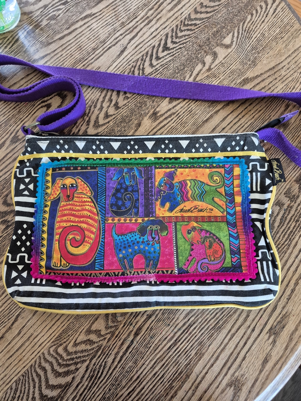 Laurel Burch Purple Strap Colorful Dog Tails Patchwork Medium Crossbody Bag
